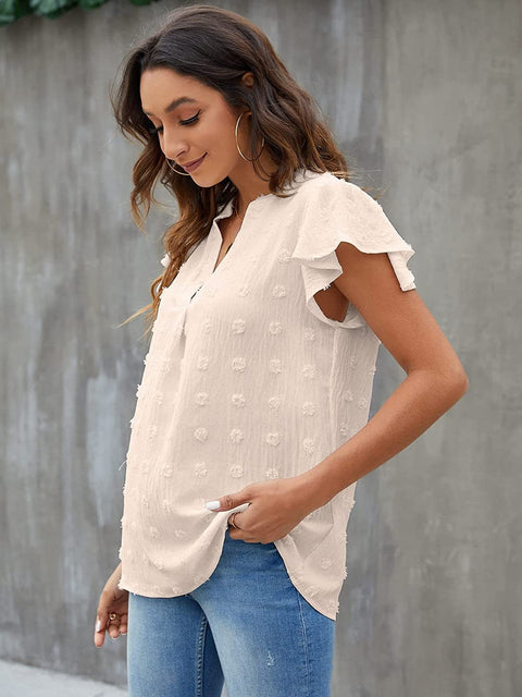 Swiss Dot Notched Flutter Sleeve Blouse Trendsi