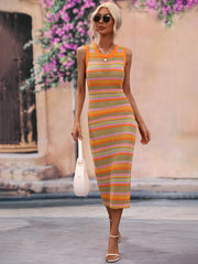 Striped Round Neck Sleeveless Midi Cover Up Dress Trendsi