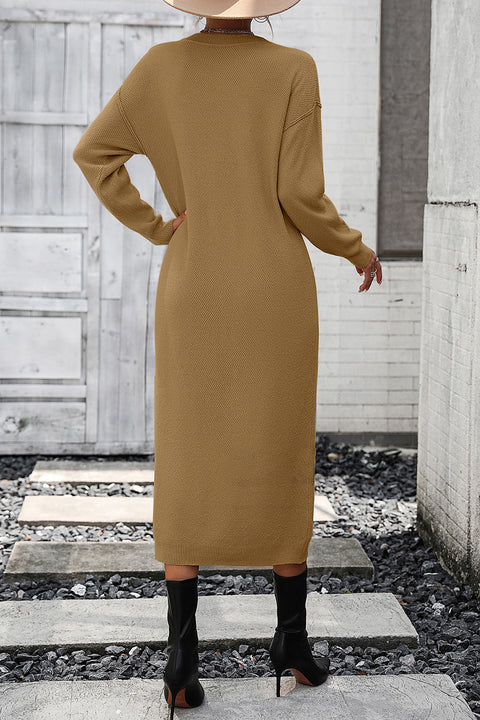 Decorative Button Notched Dropped Shoulder Sweater Dress Trendsi