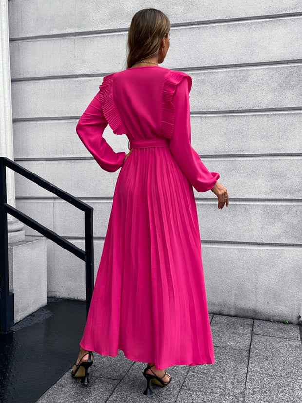 Pleated Surplice Tie Waist Maxi Dress Trendsi