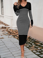 Striped V-Neck Long Sleeve Sweater Dress Trendsi