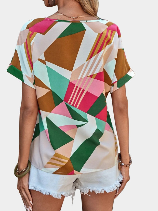 Printed V-Neck Short Sleeve Blouse Trendsi