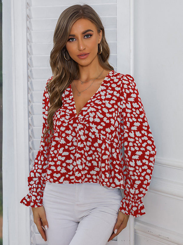 Printed V-Neck Flounce Sleeve Blouse Trendsi