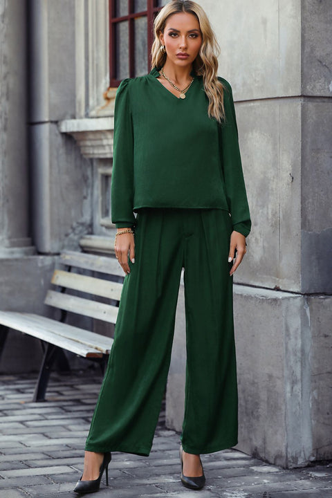 V-Neck Long Sleeve Top and Wide Leg Pants Set Trendsi