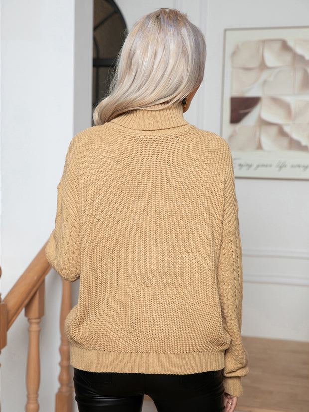 Turtleneck Cable-Knit Long Sleeve Sweater Trendsi