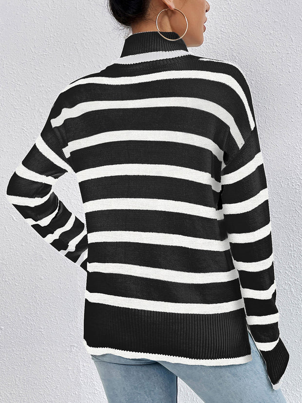 Striped Turtleneck Long Sleeve Sweater Trendsi