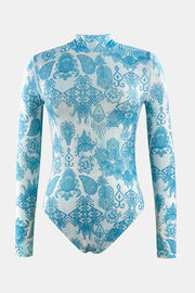 Printed Mock Neck Long Sleeve One-Piece Swimwear Trendsi