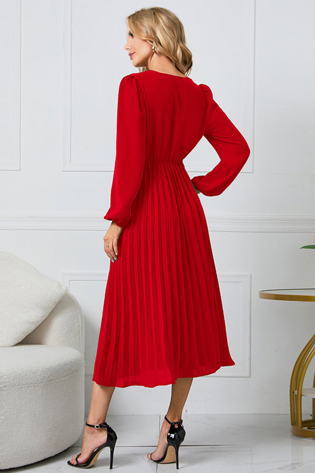 V-Neck Long Sleeve Tie Waist Midi Dress Trendsi