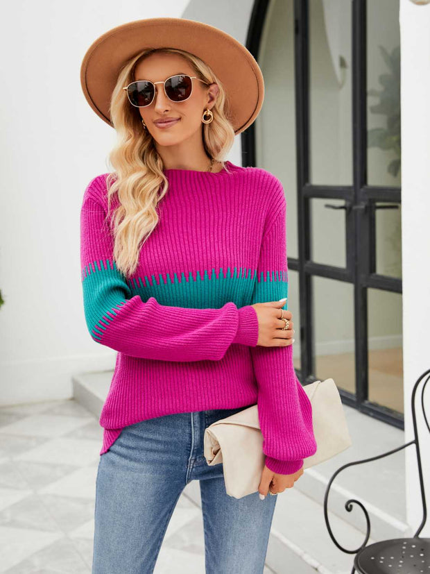 Contrast Round Neck Sweater Trendsi