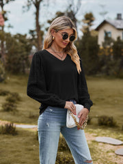 Swiss Dot V-Neck Long Sleeve Blouse Trendsi