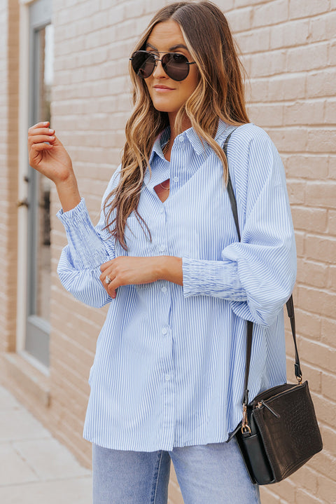 Striped Lantern Sleeve Collared Shirt Trendsi