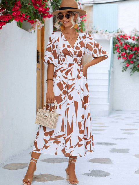 Printed Surplice Balloon Sleeve Dress Trendsi