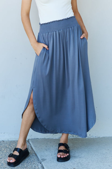 Doublju Comfort Princess Full Size High Waist Scoop Hem Maxi Skirt in Dusty Blue Trendsi