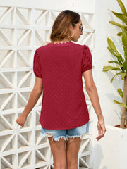 Swiss Dot Lace Detail V-Neck Blouse Trendsi