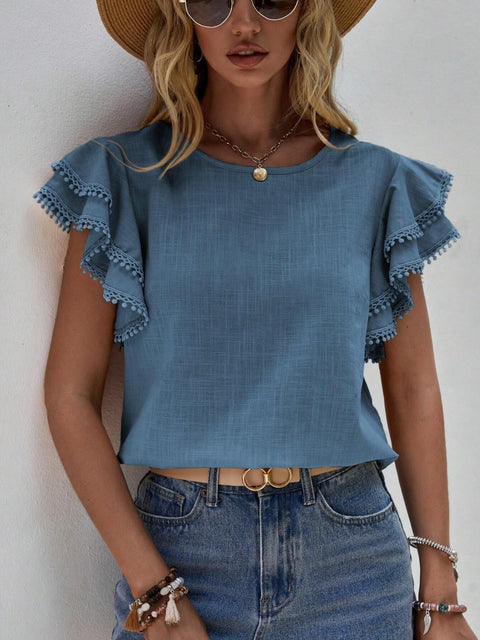 Ruffled Cap Sleeve Round Neck Blouse Trendsi