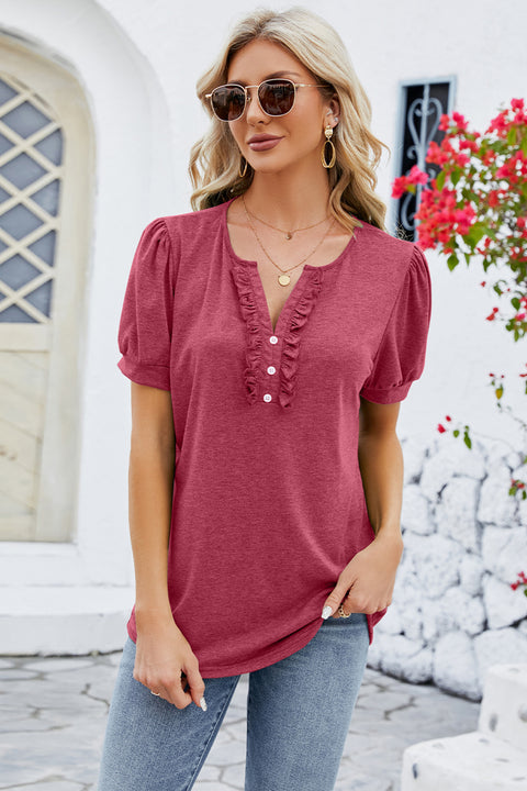 Frill Notched Short Sleeve Blouse Trendsi