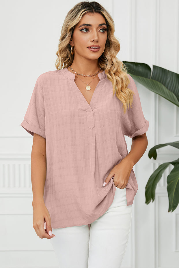 Ruched Notched Short Sleeve Blouse Trendsi