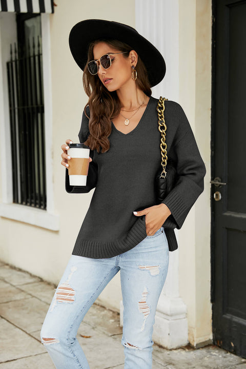 Drop Shoulder V-Neck Knit Pullover Trendsi