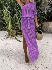 Slit Openwork Single Shoulder Knit Cover Up Dress