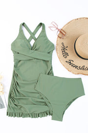 One Piece Tie Back Sleeveless Swim Dress and Bottoms Set Trendsi