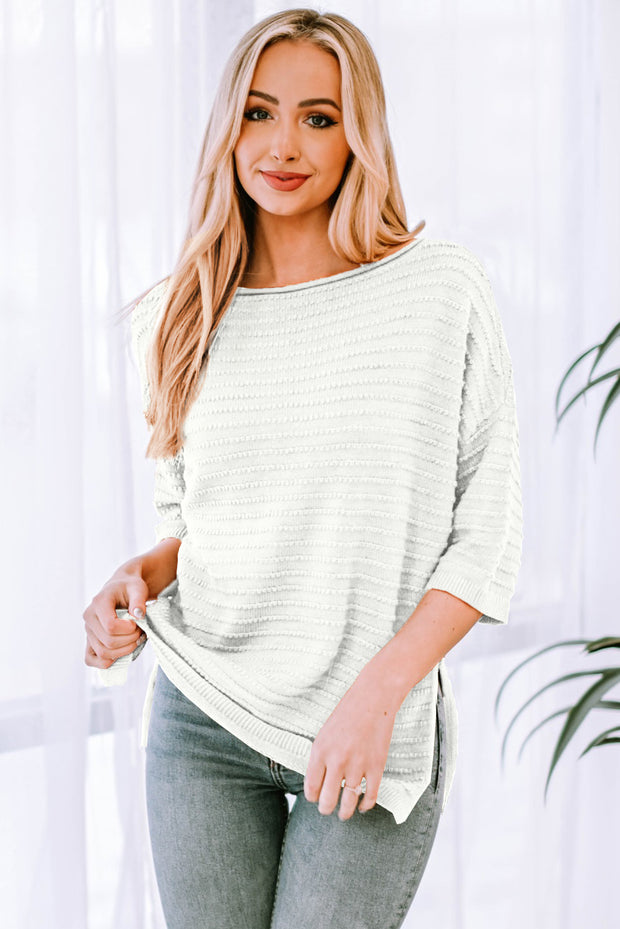 Round Neck Dropped Shoulder Side Slit Pullover Sweater Trendsi