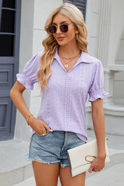 Eyelet Johnny Collar Short Sleeve Blouse Trendsi