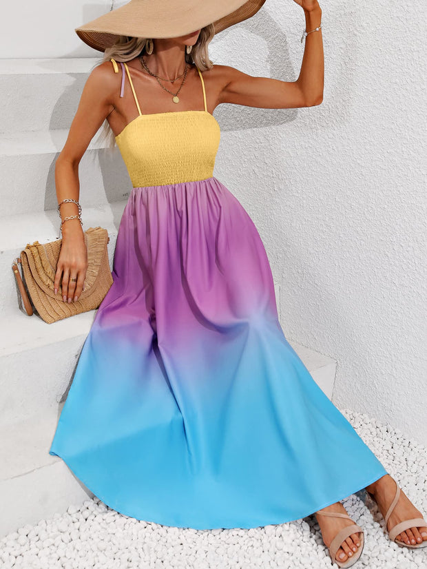 Color Block Tie Shoulder Smocked Maxi Dress Trendsi