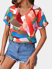 Printed V-Neck Short Sleeve Blouse Trendsi