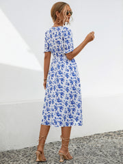 Slit Printed V-Neck Short Sleeve Dress Trendsi