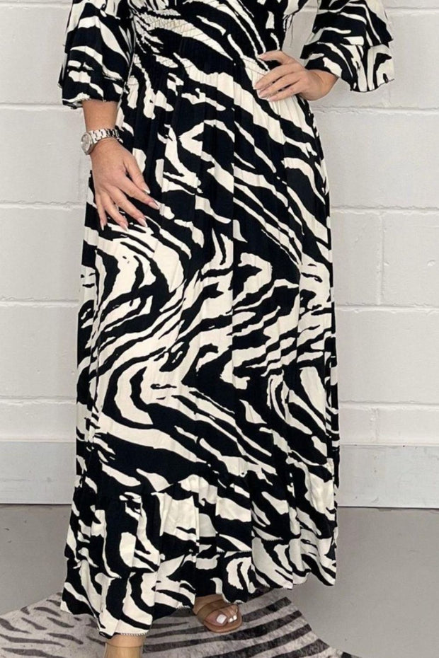 Smocked Printed Flounce Sleeve Maxi Dress