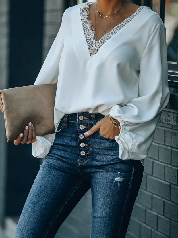 Lace Detail V-Neck Long Sleeve Blouse Trendsi