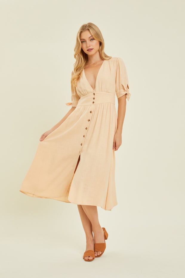 HEYSON Full Size Textured Linen V-Neck Button-Down Midi Dress Trendsi