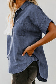 Pocketed Button Up Short Sleeve Denim Shirt Trendsi