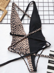 Tied Leopard Plunge One-Piece Swimwear Trendsi