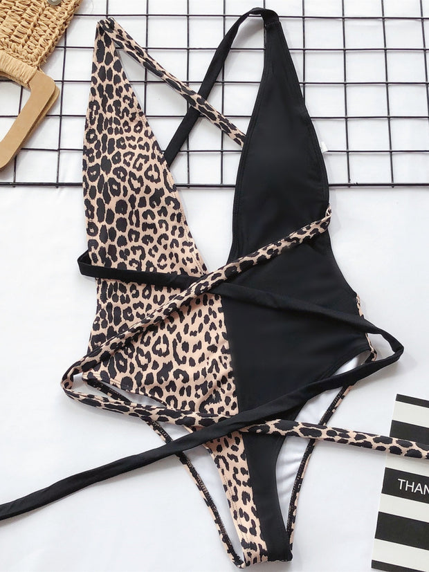 Tied Leopard Plunge One-Piece Swimwear Trendsi