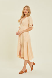 HEYSON Full Size Textured Linen V-Neck Button-Down Midi Dress Trendsi