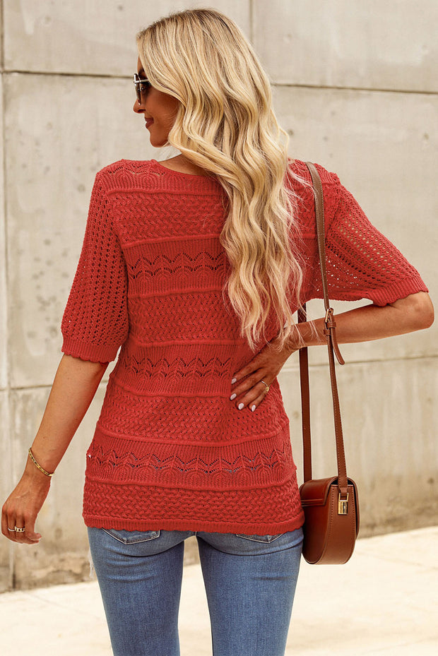 Openwork Round Neck Half Sleeve Knit Top Trendsi