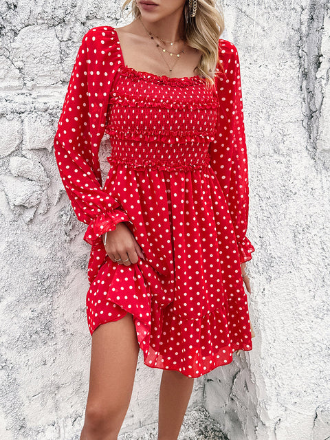 Smocked Polka Dot Long Sleeve Dress