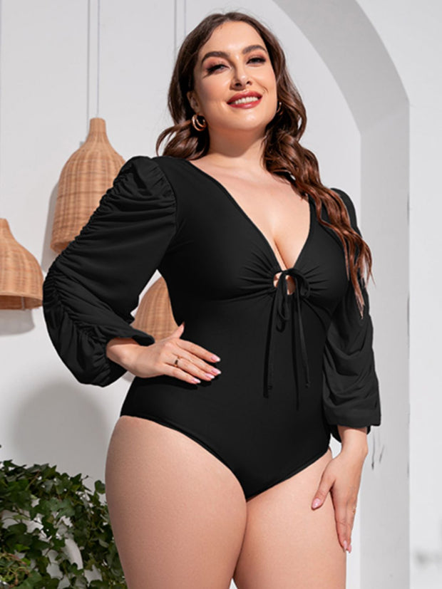 Plus Size Tied Deep V Balloon Sleeve One-Piece Swimsuit Trendsi