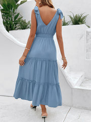 Tie Shoulder Smocked Waist Sleeveless Tiered Dress Trendsi