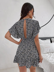 Cutout Ditsy Floral Surplice Flounce Sleeve Dress Trendsi