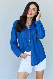 Doublju Blue Jean Baby Denim Button Down Shirt Top in Dark Blue Trendsi