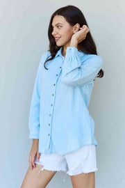 Doublju Blue Jean Baby Denim Button Down Shirt Top in Light Blue Trendsi