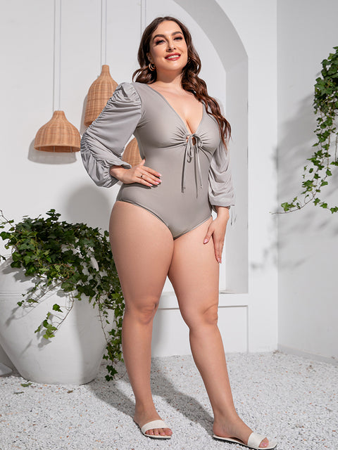 Plus Size Tied Deep V Balloon Sleeve One-Piece Swimsuit Trendsi