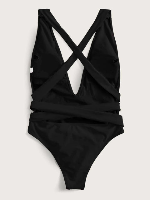 Halter Neck Deep V Tied One-Piece Swimsuit Trendsi