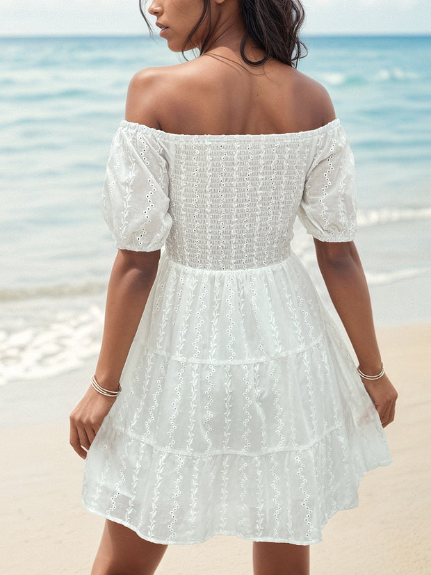 Smocked Eyelet Off-Shoulder Mini Dress Trendsi