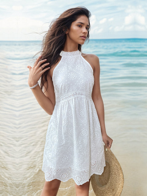 Eyelet Grecian Neck Mini Dress Trendsi