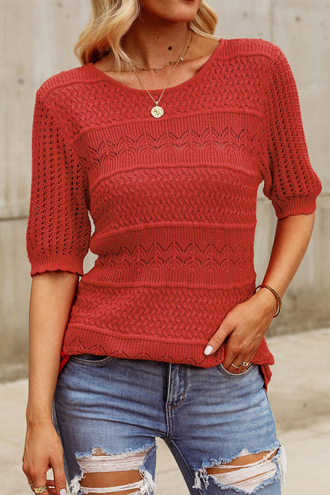 Openwork Round Neck Half Sleeve Knit Top Trendsi