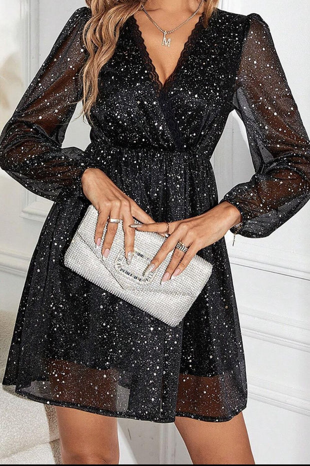 Glitter Surplice Long Sleeve Mini Dress Trendsi