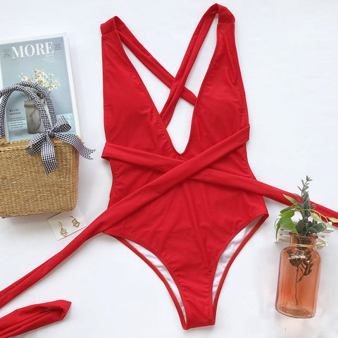 Halter Neck Deep V Tied One-Piece Swimsuit Trendsi